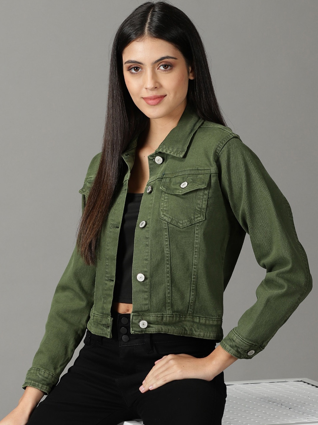 

SHOWOFF Women Washed Crop Denim Jacket, Olive