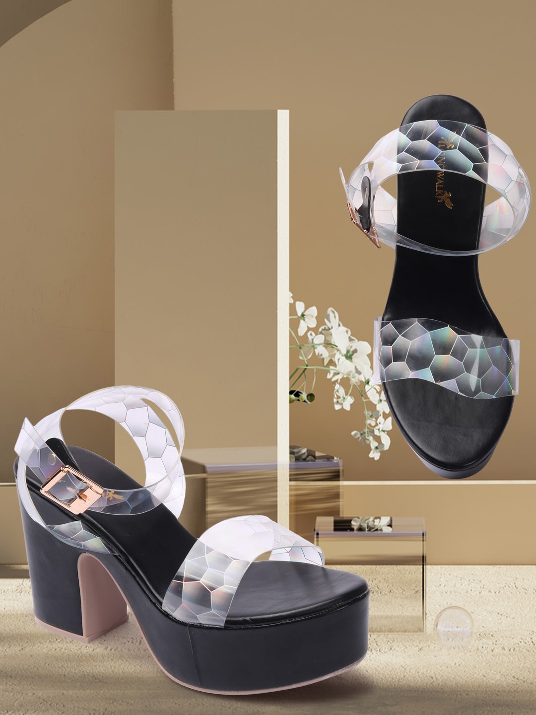 

Longwalk Printed Open Toe Platform Heels, Black