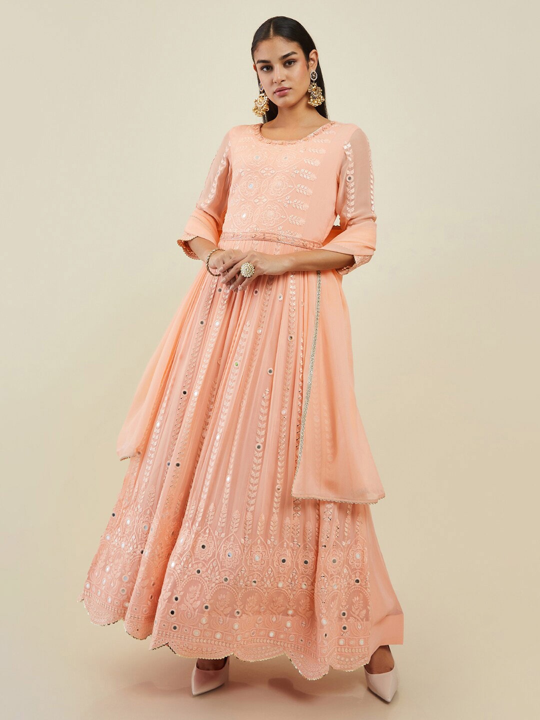 

Soch Women Peach-Coloured Ethnic Motifs Embroidered Pleated Mirror Work Kurta with Churidar & With Dupatta