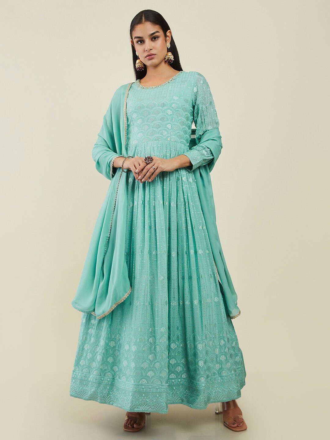 

Soch Ethnic Embroidered Sequined Pure Cotton Anarkali Kurta with Churidar & Dupatta, Sea green