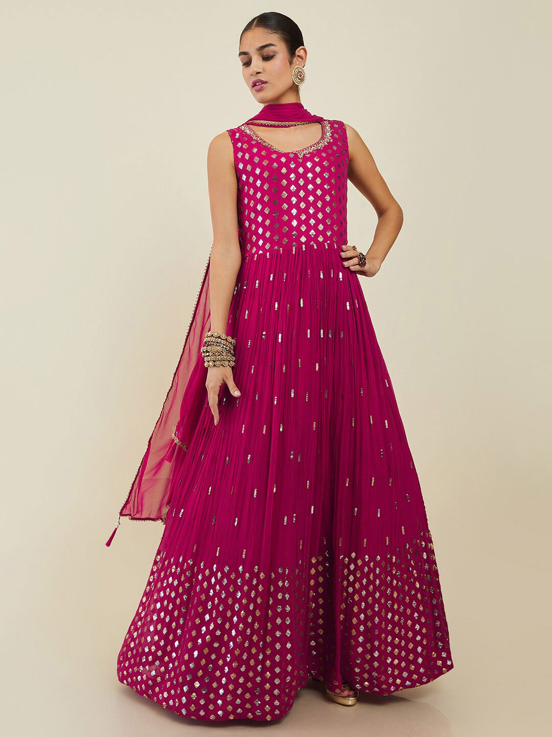 

Soch Ethnic Embroidered Sequined Anarkali Kurta with Churidar & Dupatta, Magenta