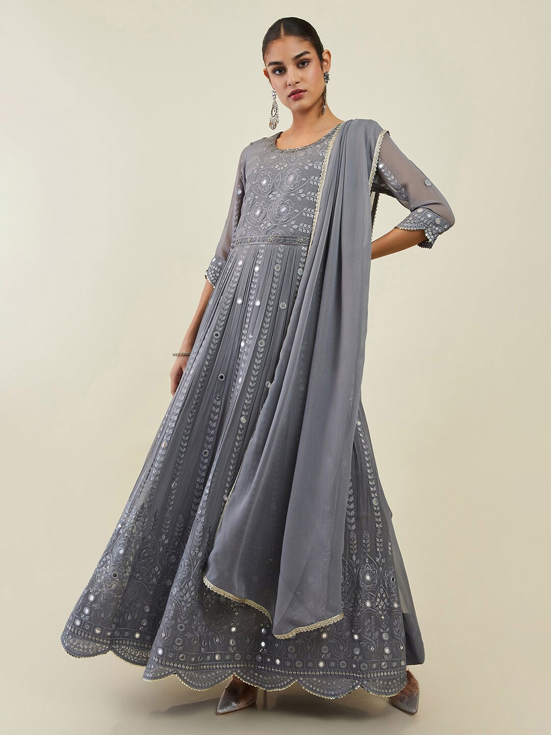 

Soch Floral Embroidered Pleated Mirror Work Georgette Kurta with Churidar & With Dupatta, Grey