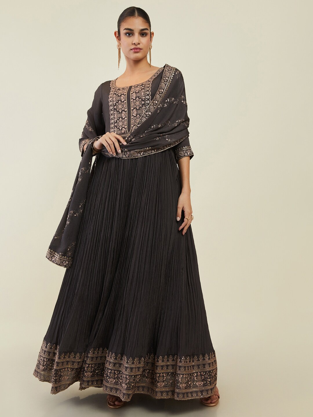 

Soch Women Ethnic Embroidered Zari Detailed Anarkali Kurta with Churidar & Dupatta, Charcoal