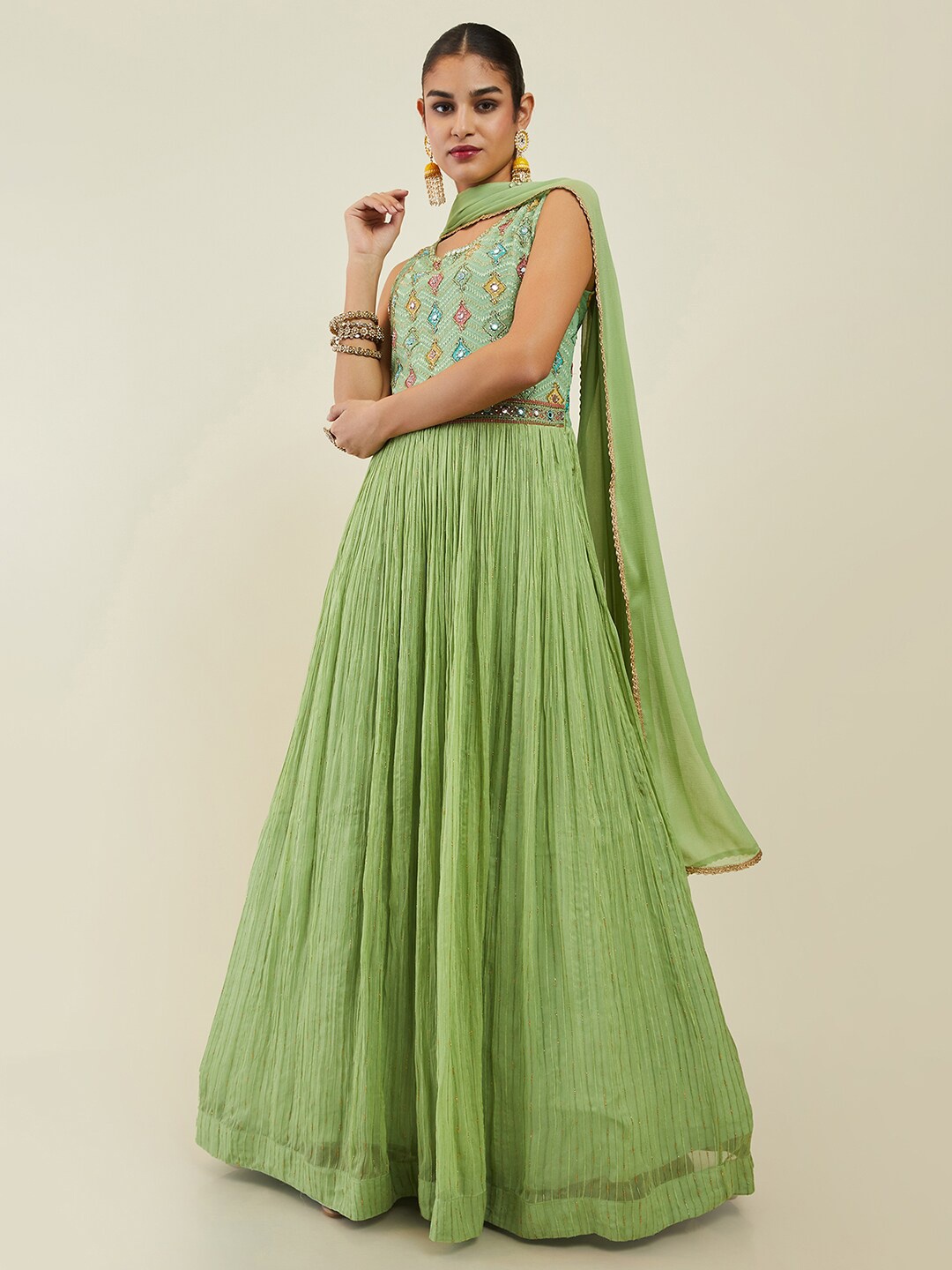

Soch Embroidered Pleated Mirror Work Kurta with Trousers & Dupatta, Green