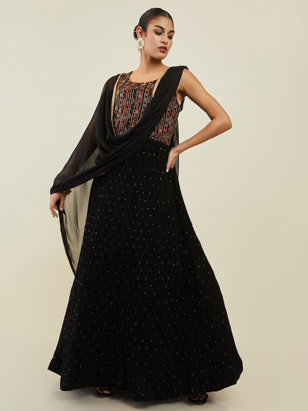 

Soch Women Sequinned & Beads Embellished Pleated Anarkali Kurta With Trousers & Dupatta, Black
