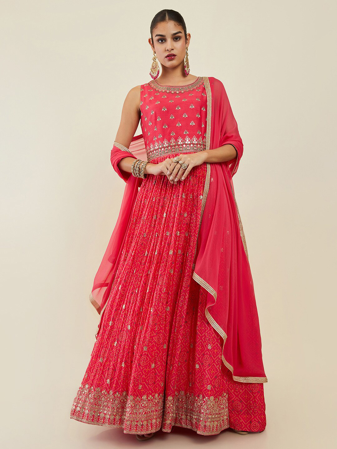 

Soch Women Bandhani Printed Regular Sequinned Kurta with Salwar & With Dupatta, Fuchsia