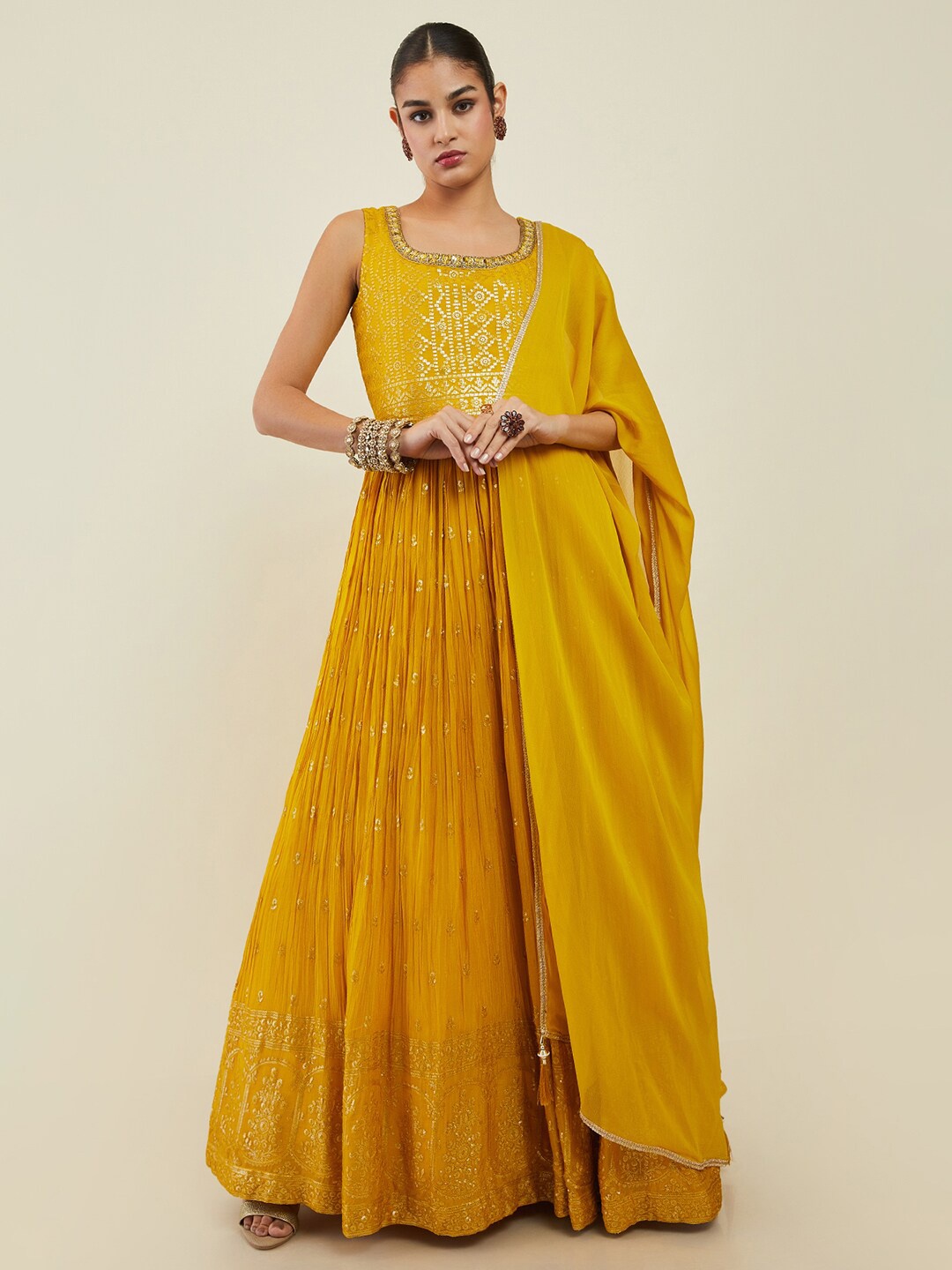 

Soch Women Floral Embroidered Sequinned Pure Cotton Kurta with Trousers & Dupatta, Mustard