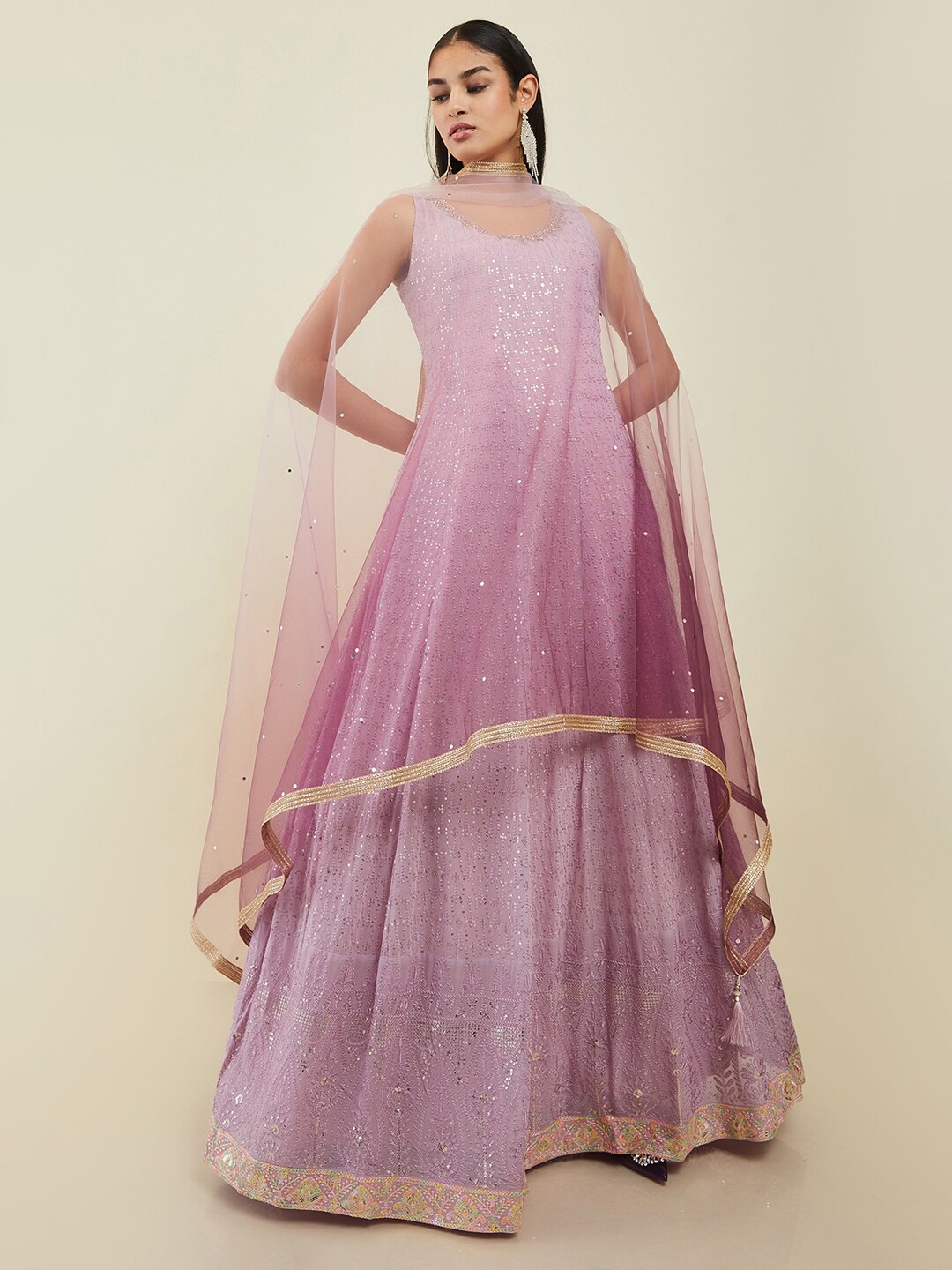 

Soch Women Floral Sequinned Embroidered Kurta With Trousers & Dupatta, Purple