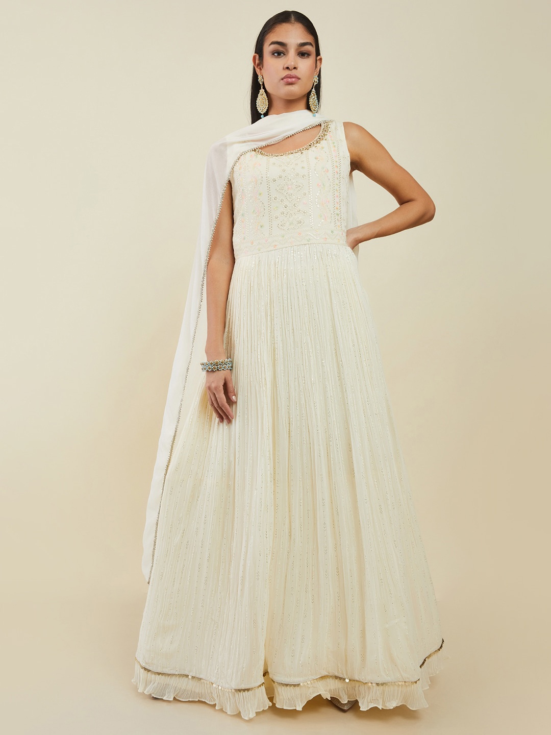 

Soch Women Floral Sequinned Embroidered Kurta With Trousers & Dupatta, Cream