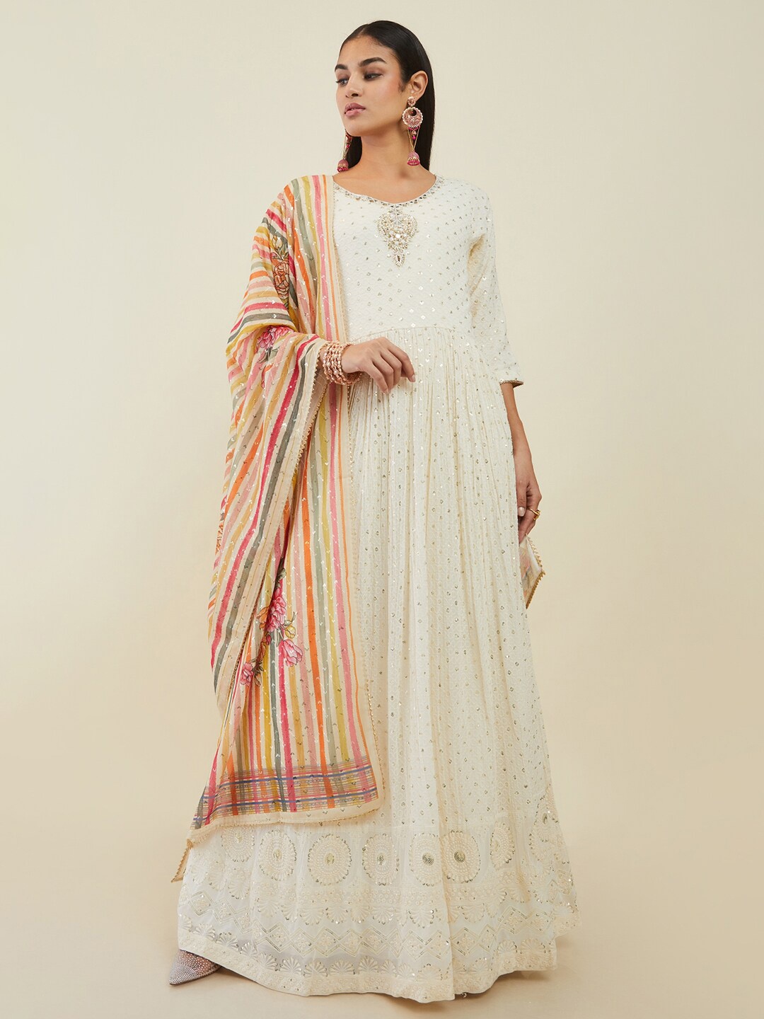 

Soch Women Floral Sequinned Embroidered Kurta With Trousers & Dupatta, Cream