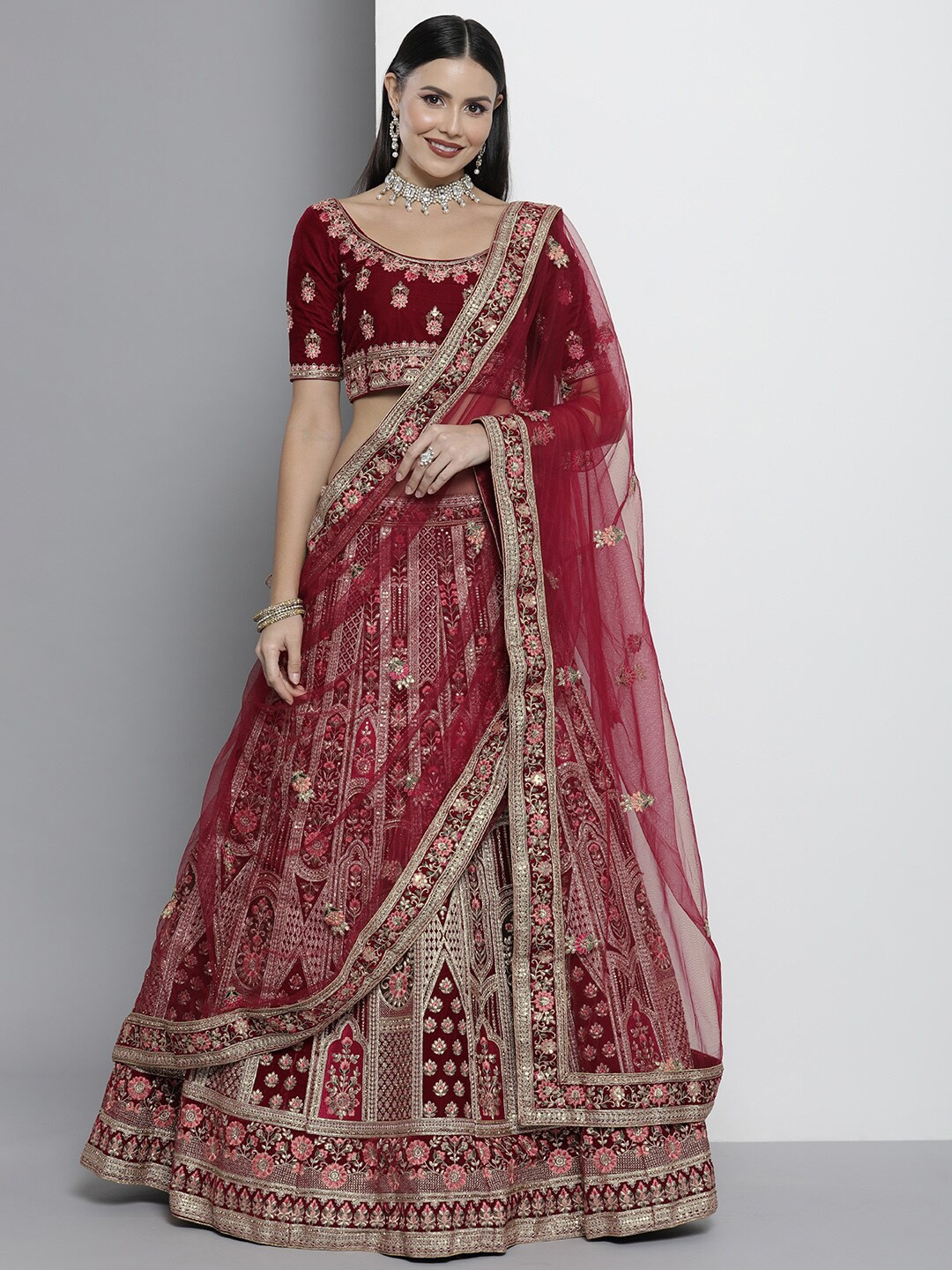 

Fusionic Embroidered Sequinned Semi-Stitched Lehenga & Unstitched Blouse With Dupatta, Maroon