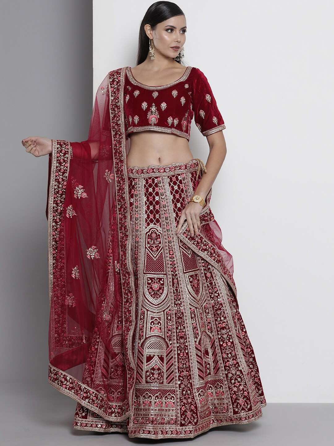 

Fusionic Embroidered Velvet Semi-Stitched Lehenga & Unstitched Blouse With Dupatta, Maroon