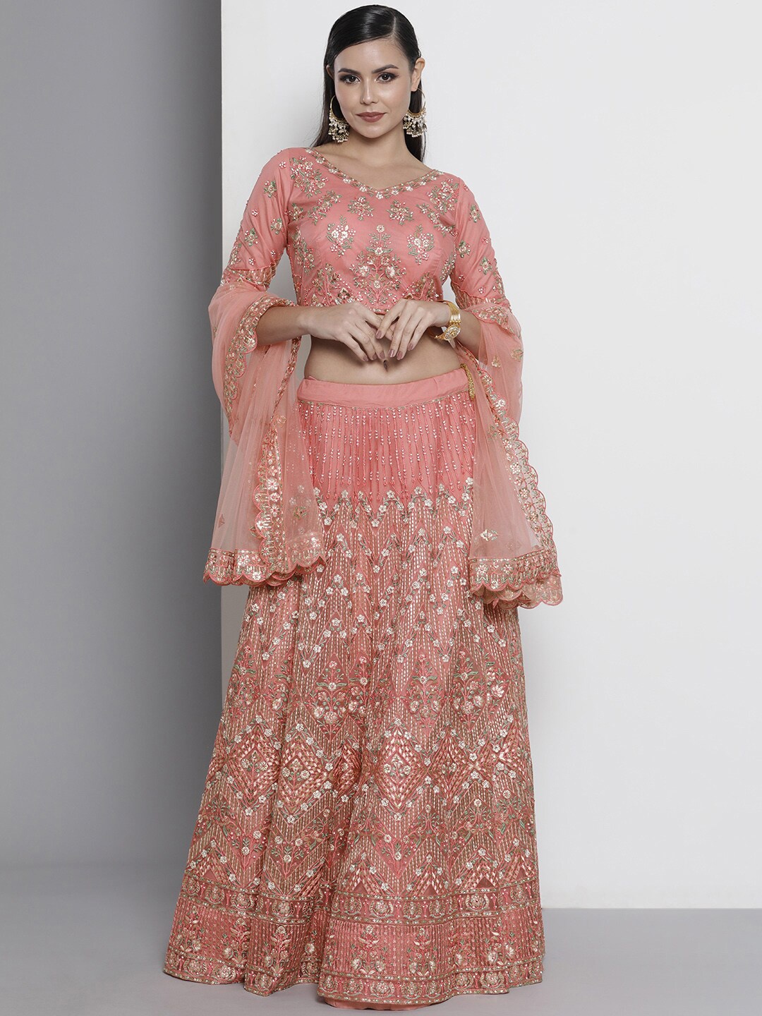 

Fusionic Embroidered Thread Work Semi-Stitched Lehenga & Unstitched Blouse With Dupatta, Peach