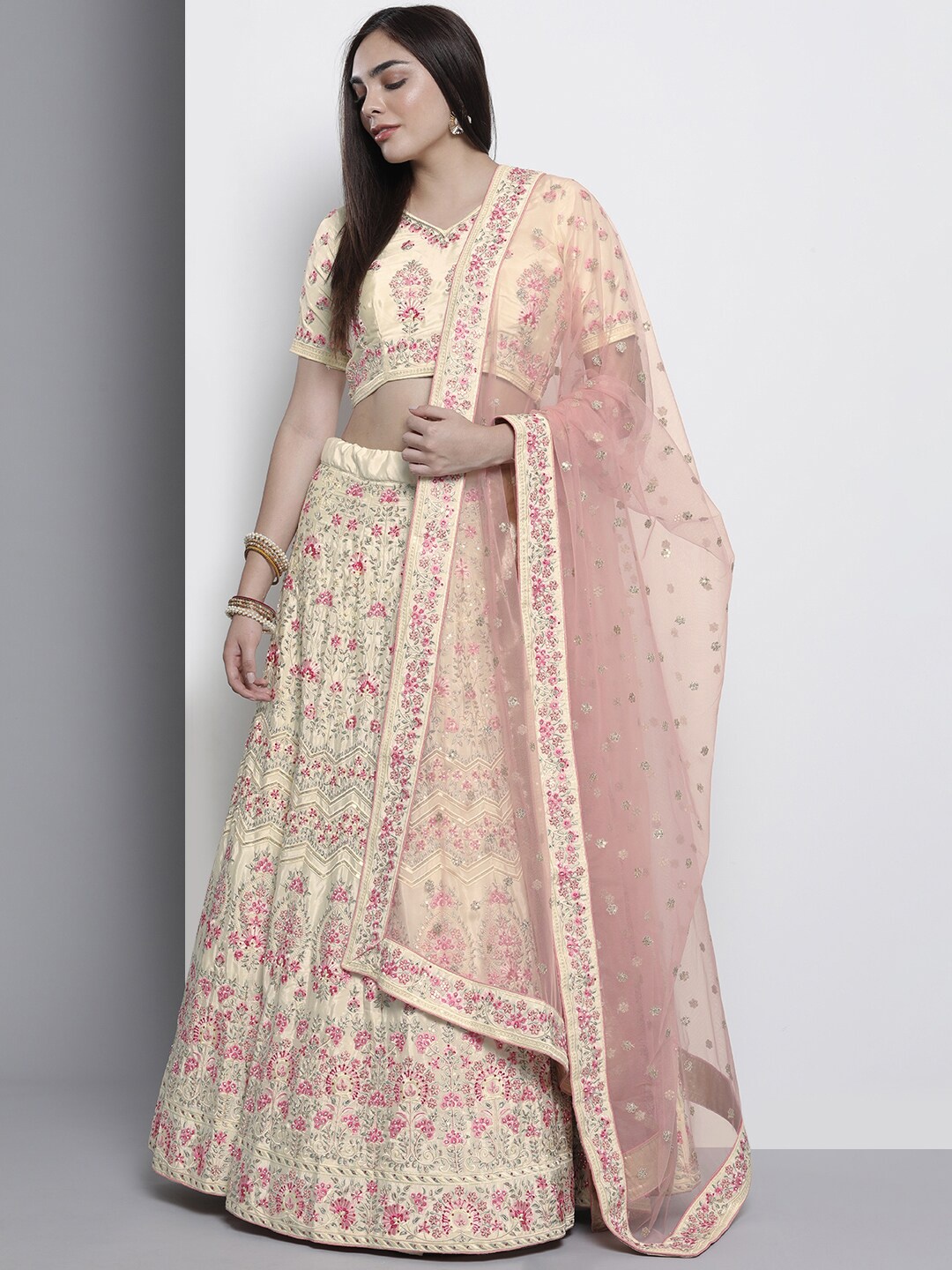 

Fusionic Embroidered Thread Work Semi-Stitched Lehenga & Unstitched Blouse With Dupatta, Cream