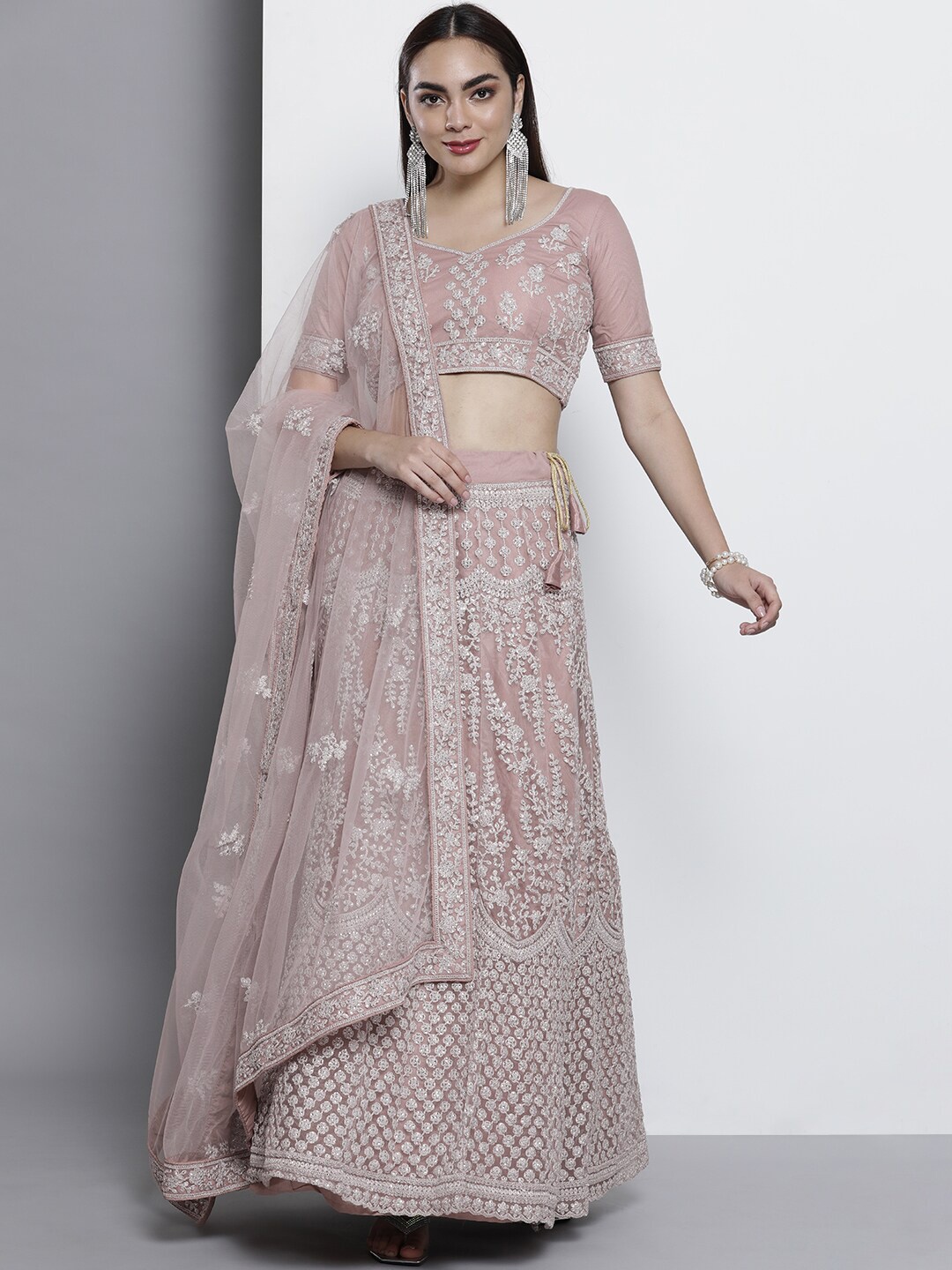 

Fusionic Embroidered Net Semi-Stitched Lehenga & Unstitched Blouse With Dupatta, Nude