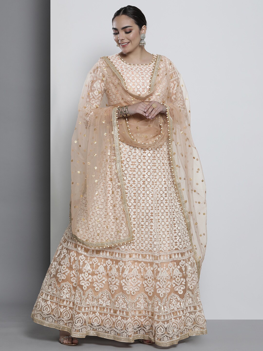

Fusionic Embroidered Thread Work Semi-Stitched Lehenga & Unstitched Blouse With Dupatta, Beige