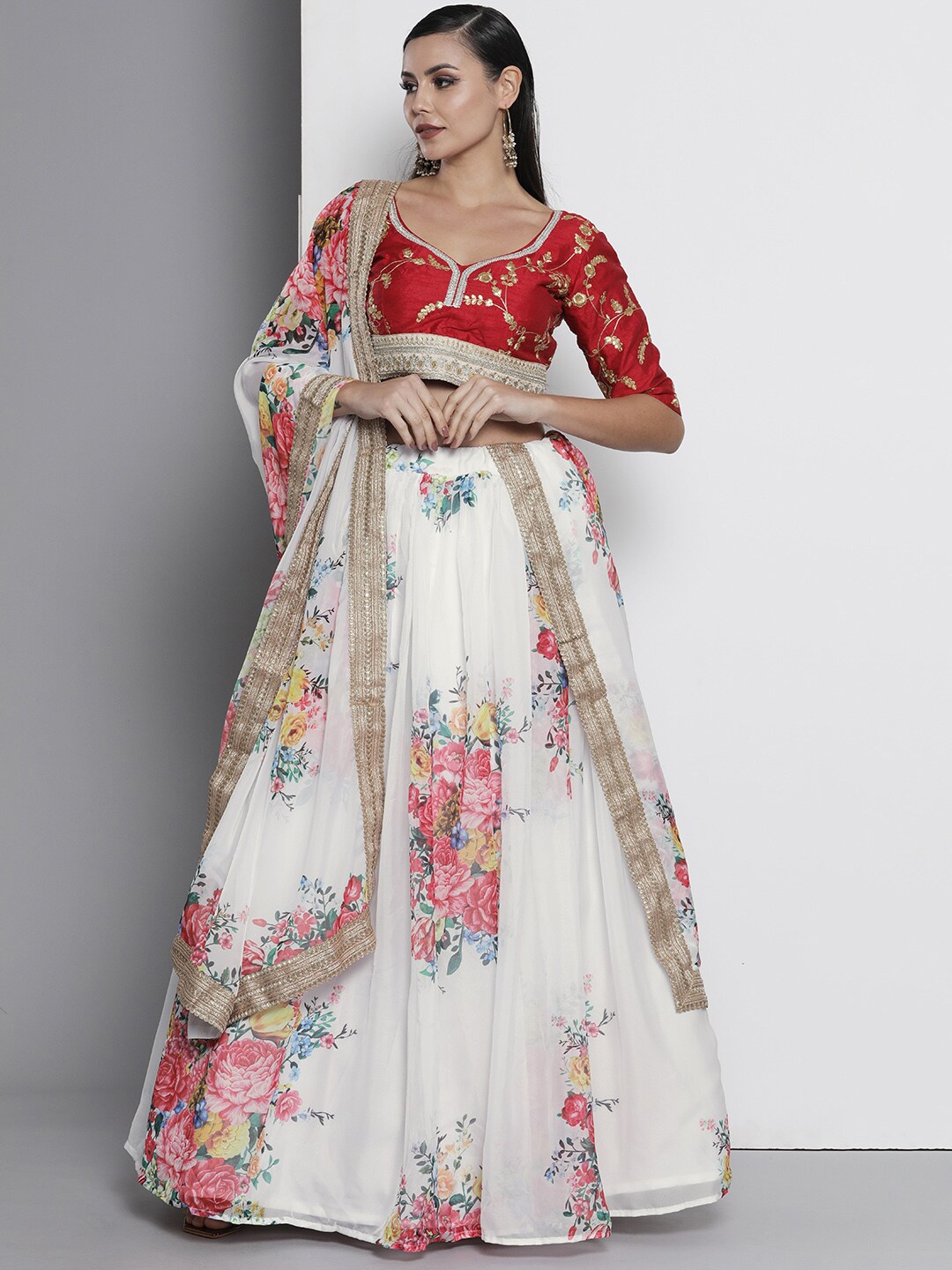 

Fusionic Embroidered Semi-Stitched Lehenga & Unstitched Blouse With Dupatta, Cream
