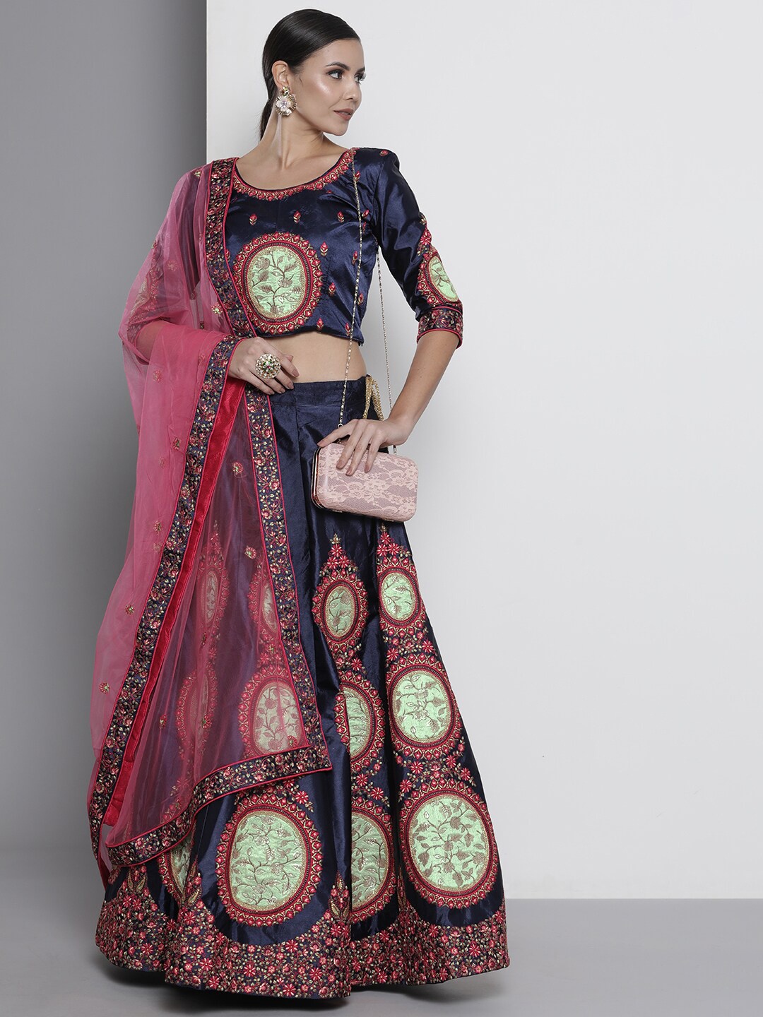 

Fusionic Embroidered Thread Work Semi-Stitched Lehenga & Unstitched Blouse With Dupatta, Navy blue