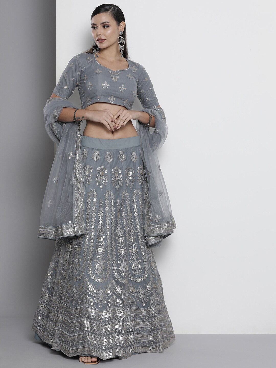 

Fusionic Embroidered Semi-Stitched Lehenga & Unstitched Blouse With Dupatta, Grey