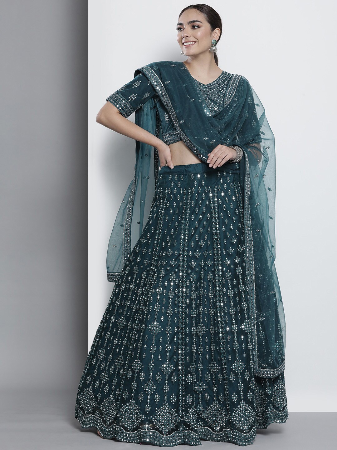 

Fusionic Embroidered Net Semi-Stitched Lehenga & Unstitched Blouse With Dupatta, Teal