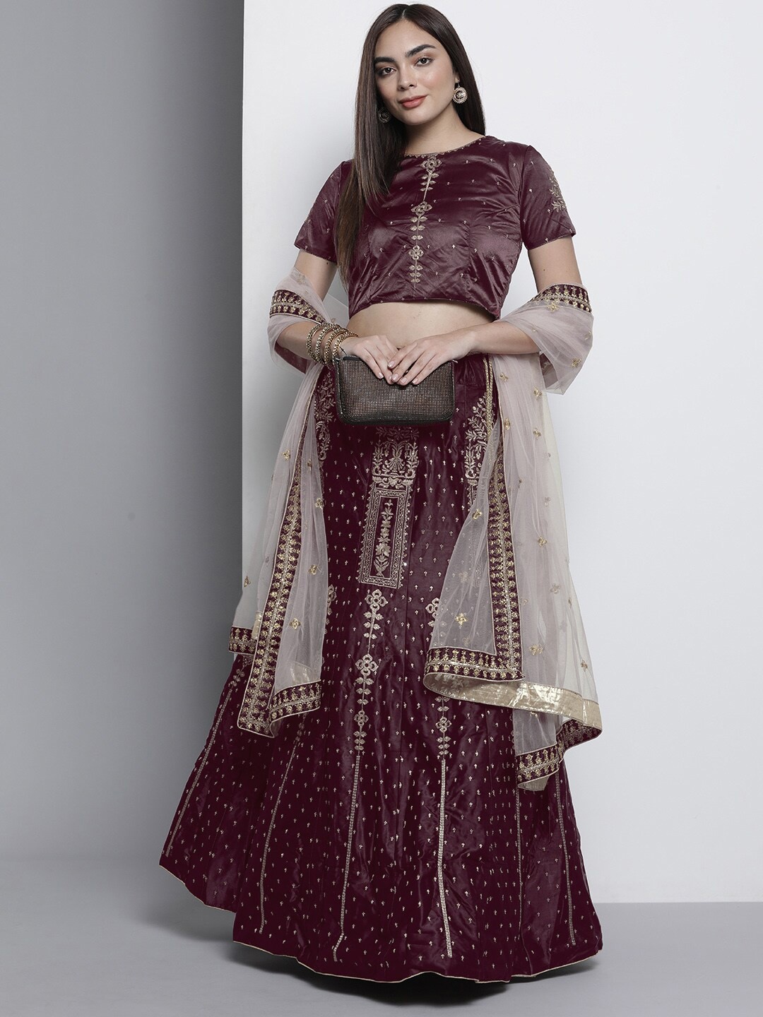 

Fusionic Embroidered Thread Work Semi-Stitched Lehenga & Unstitched Blouse With Dupatta, Brown