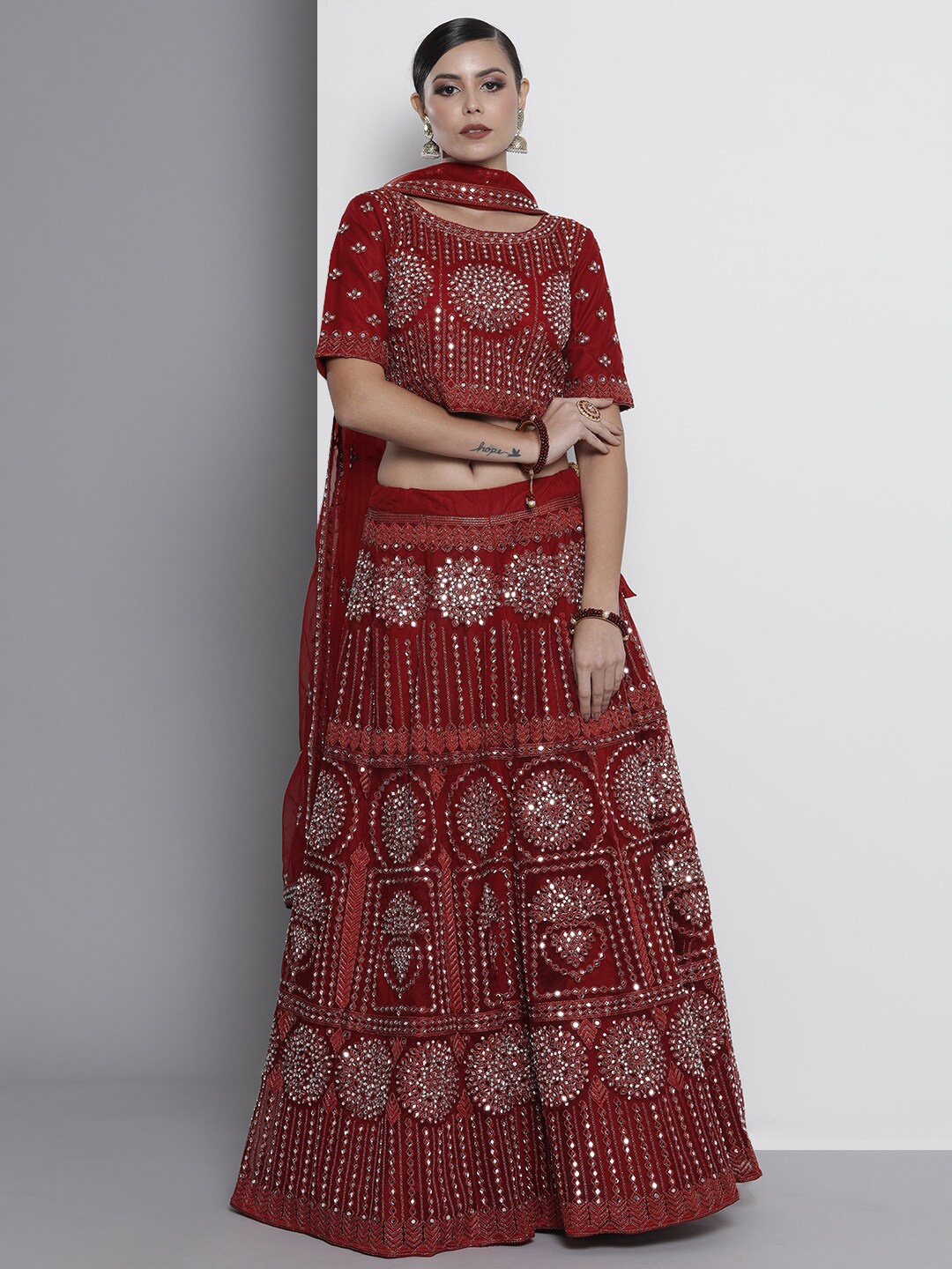 

Fusionic Embroidered Mirror Work Semi-Stitched Lehenga & Unstitched Blouse With Dupatta, Maroon