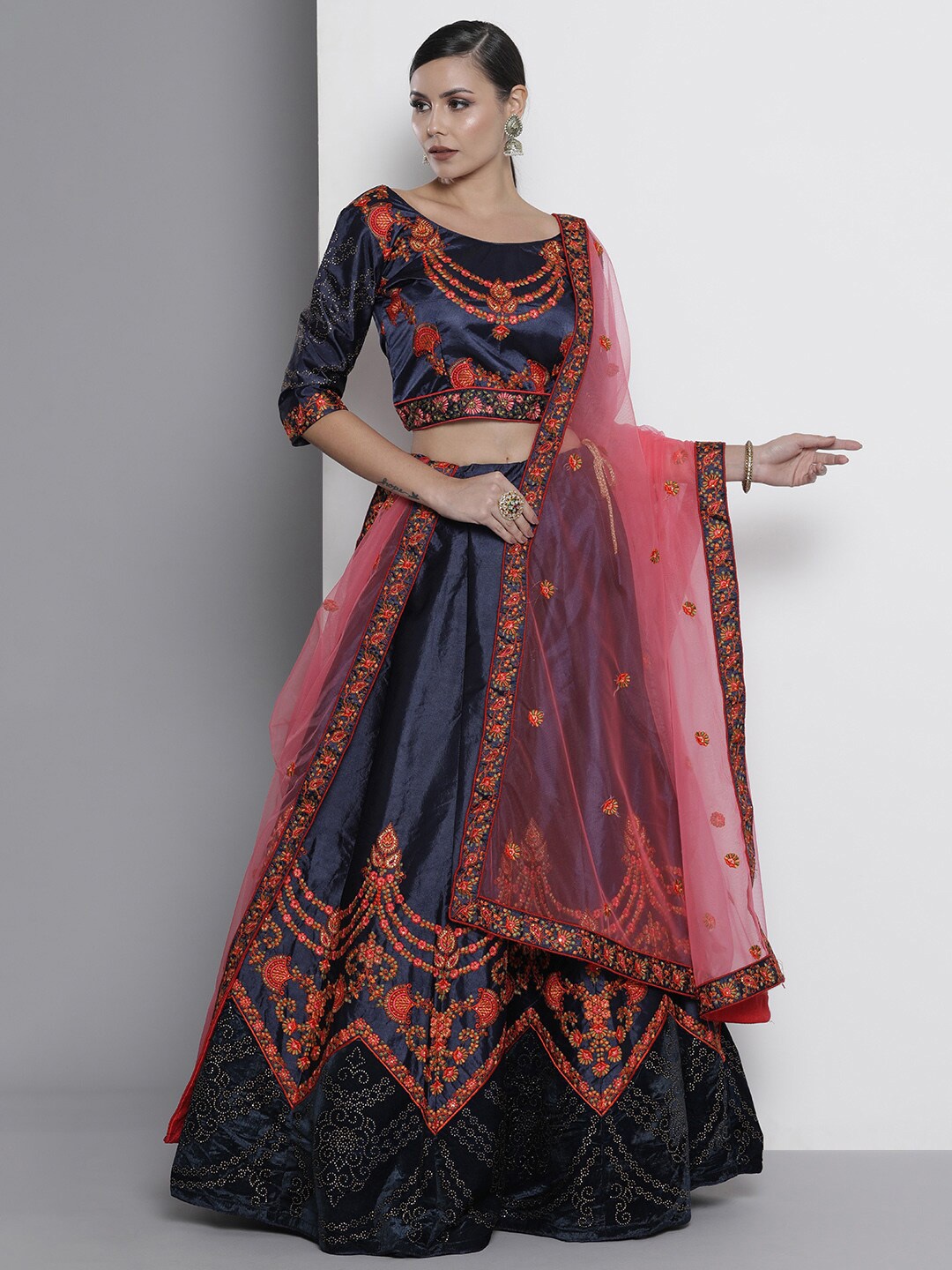 

Fusionic Embroidered Beads & Stones Semi-Stitched Lehenga & Unstitched Blouse With Dupatta, Navy blue