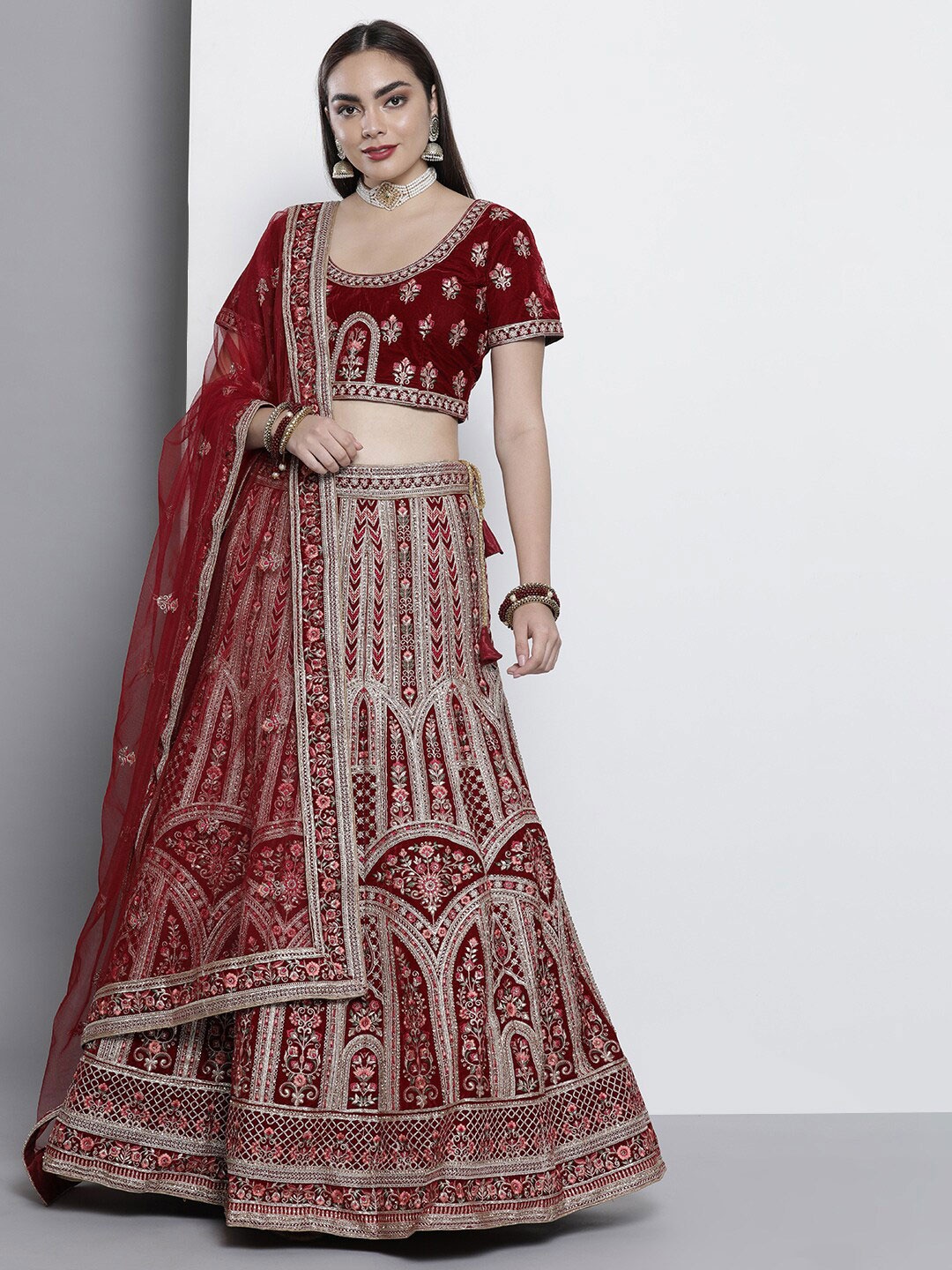 

Fusionic Embroidered Sequinned Semi-Stitched Lehenga & Unstitched Blouse With Dupatta, Maroon