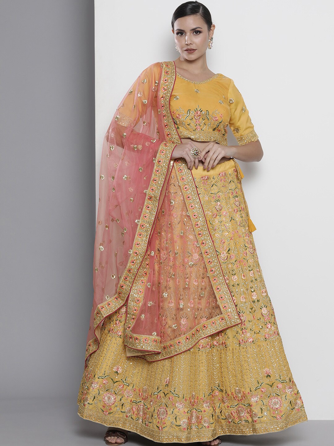 

Fusionic Embroidered Thread Work Semi-Stitched Lehenga & Unstitched Blouse With Dupatta, Mustard