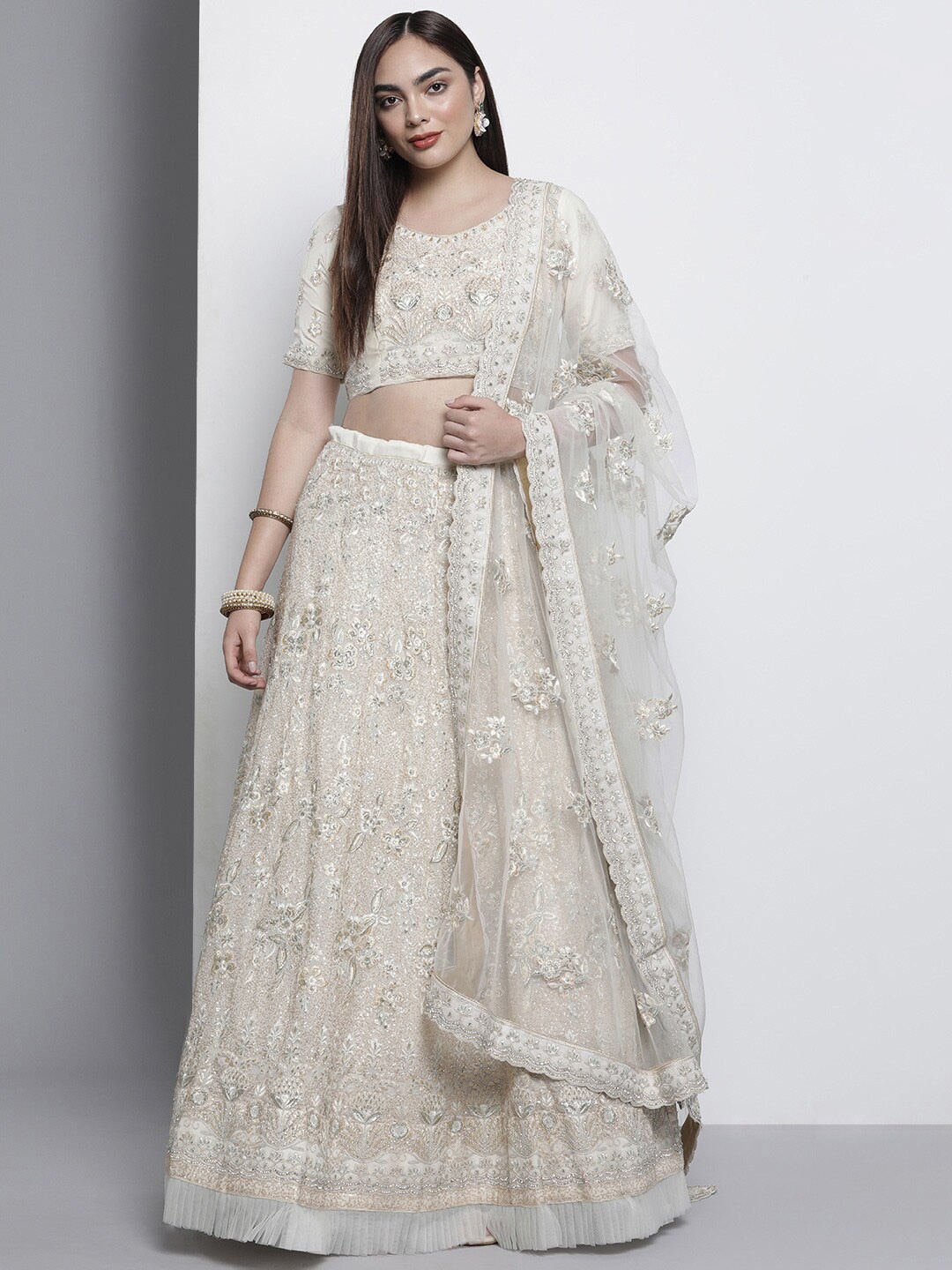 

Fusionic Embroidered Semi-Stitched Lehenga & Unstitched Blouse With Dupatta, White