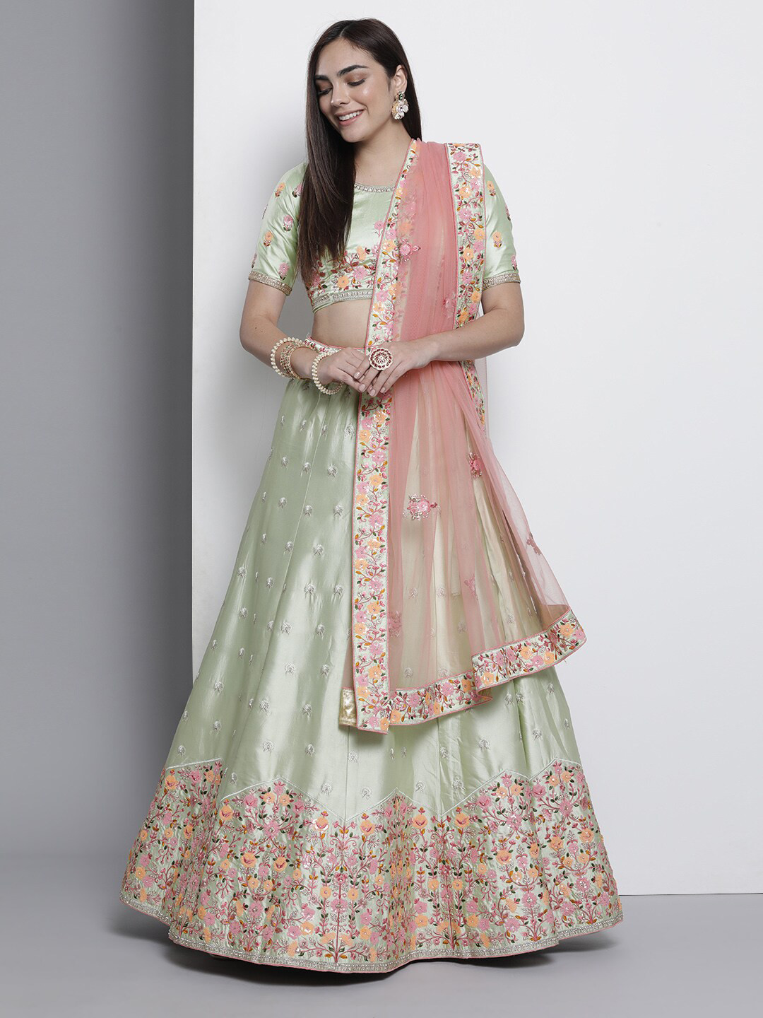 

Fusionic Embroidered Semi-Stitched Satin Lehenga & Unstitched Blouse With Dupatta, Green