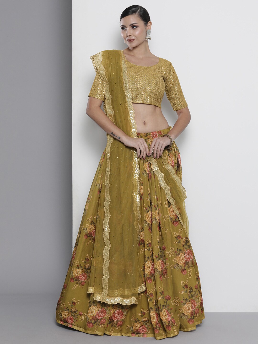 

Fusionic Embroidered Sequinned Semi-Stitched Lehenga & Unstitched Blouse With, Olive