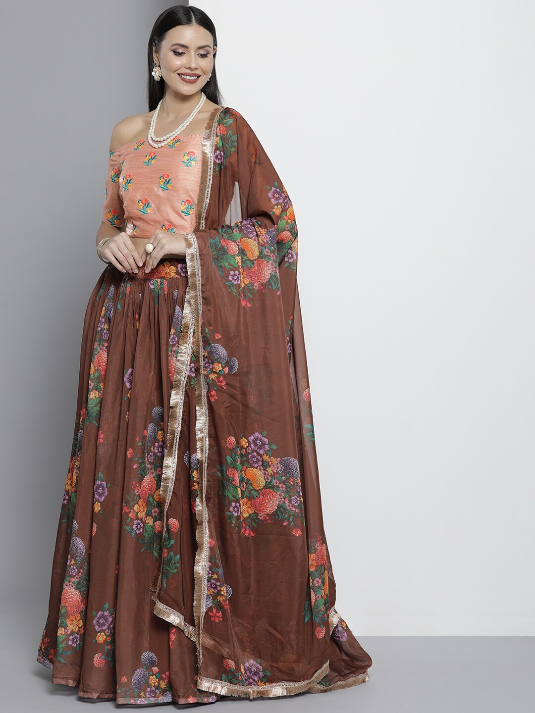 

Fusionic Embroidered Semi-Stitched Lehenga & Unstitched Blouse With Dupatta, Brown