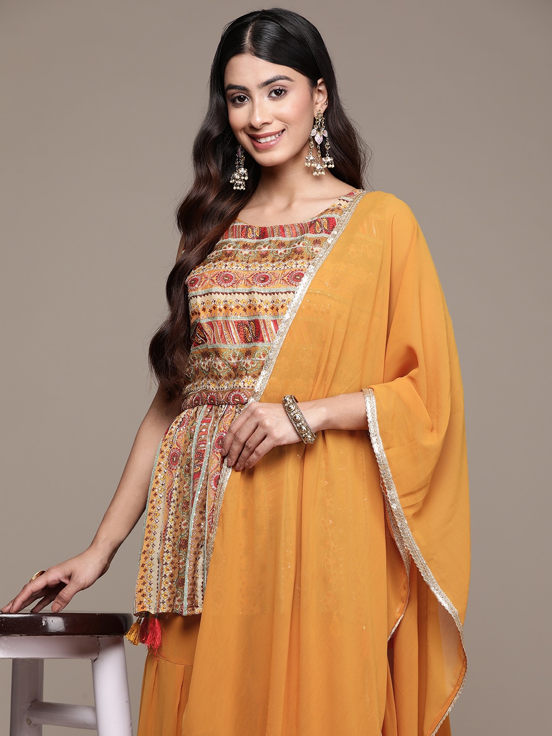 

SAARYA Ethnic Motifs Embroidered Sequinned Peplum Kurta With Sharara & Dupatta, Red