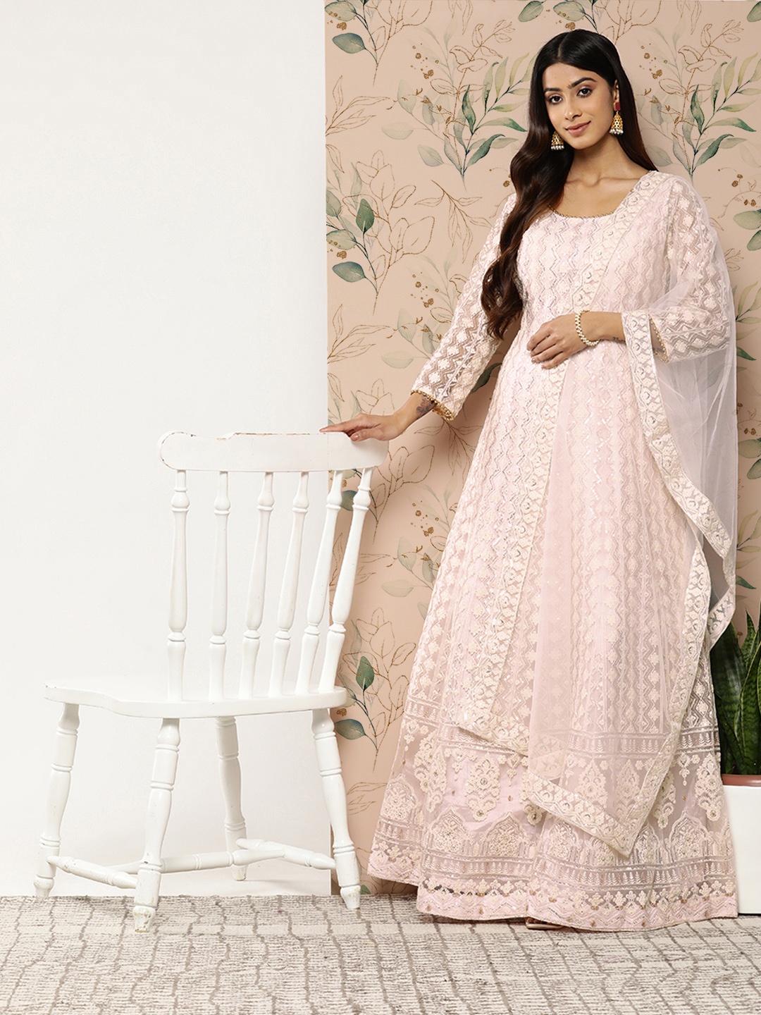 

SAARYA Geometric Embroidered Sequin Embellished Net Ethnic Gown with Dupatta, Pink