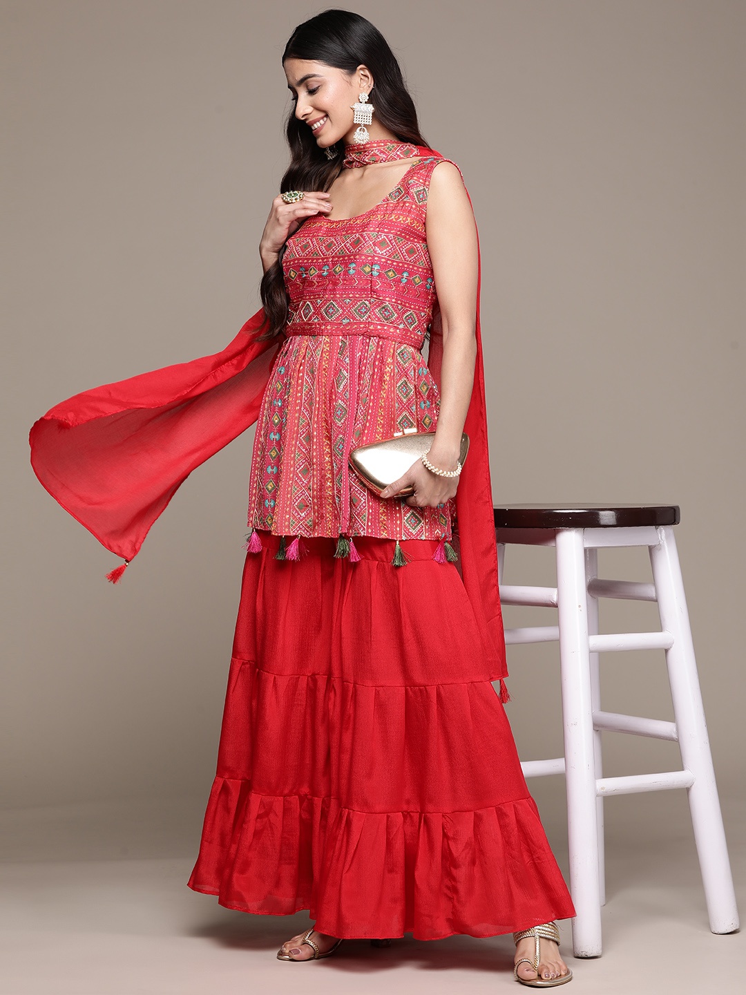 

SAARYA Women Ethnic Motifs Embroidered Sequinned Kurta With Sharara & Dupatta, Red
