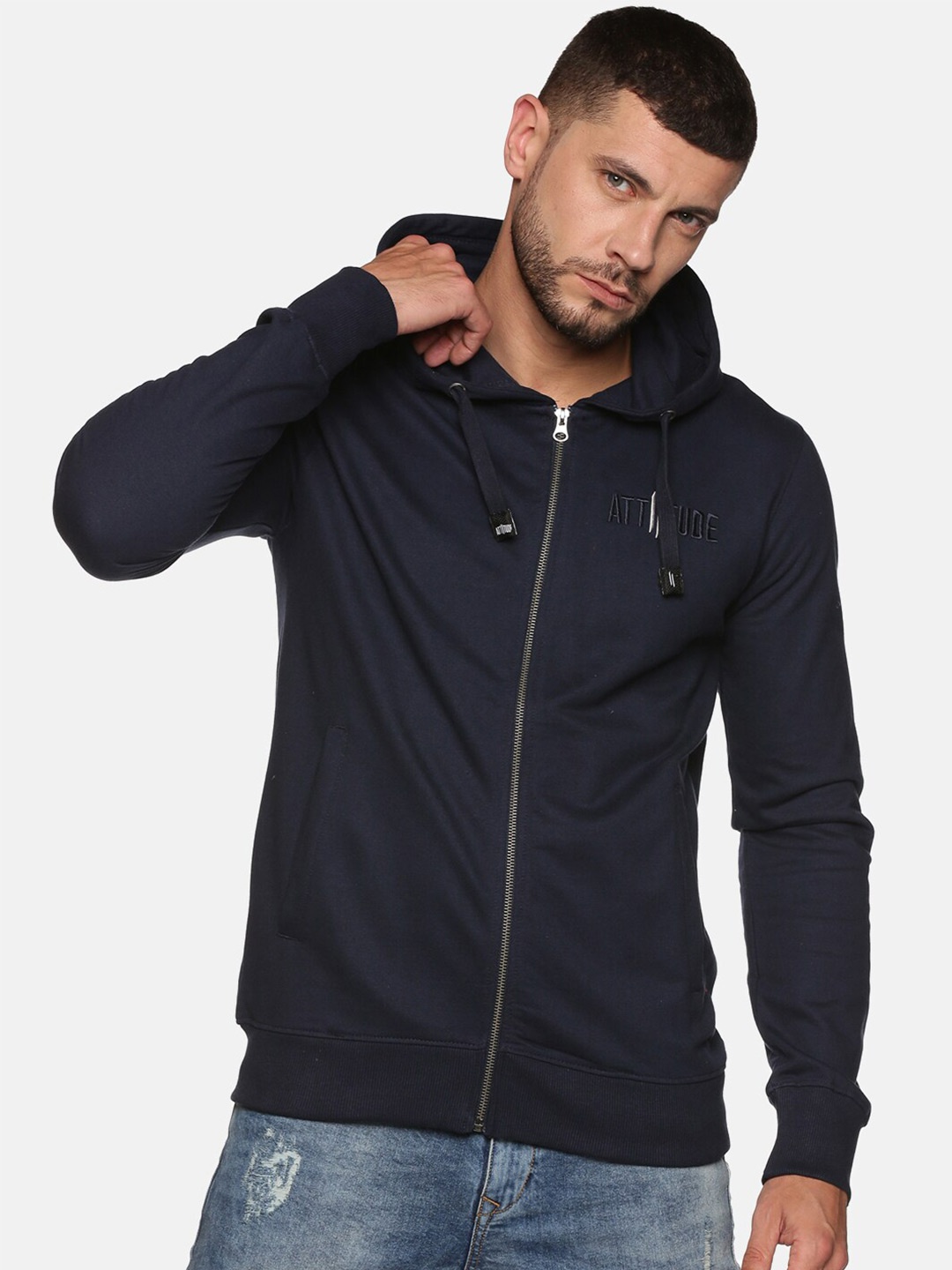 

ATTIITUDE Men Front Open Pure Cotton Hooded Sweatshirt, Navy blue