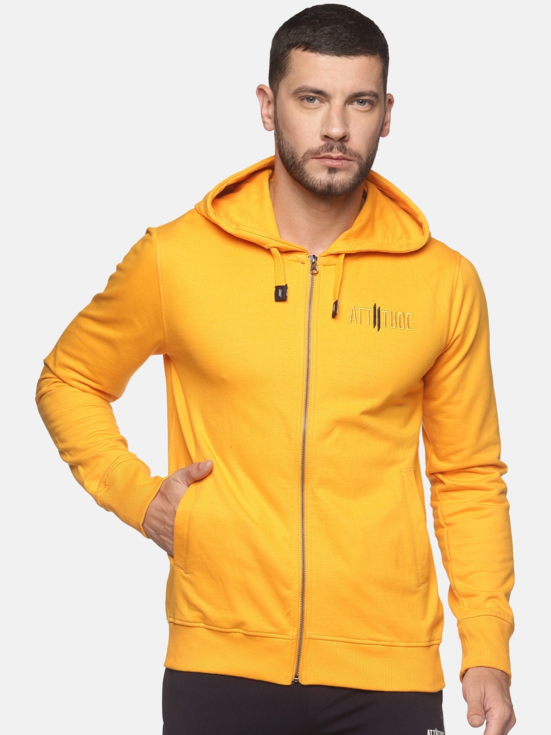

ATTIITUDE Men Front-Open Hooded Pure Cotton Sweatshirt, Yellow