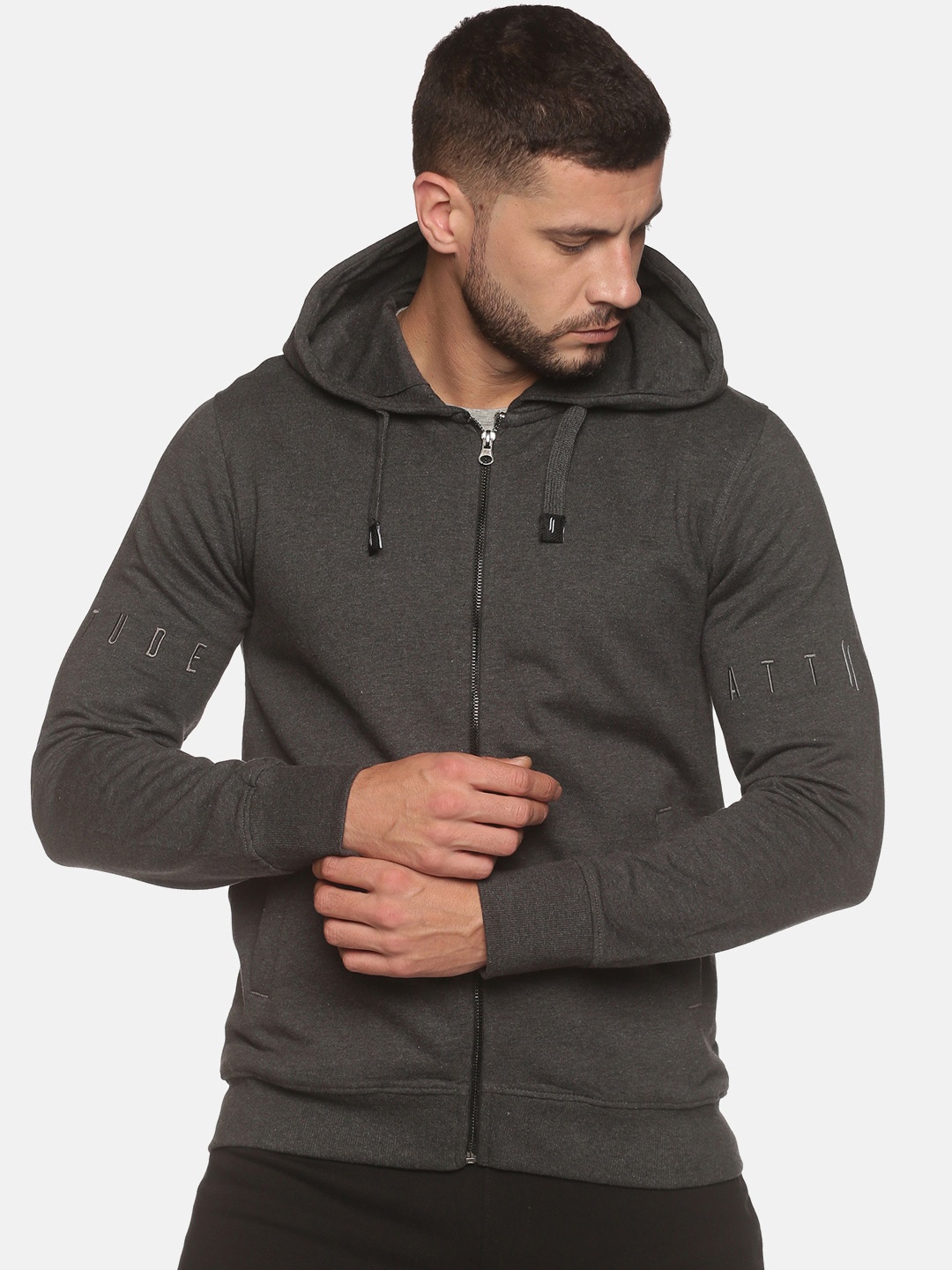 

ATTIITUDE Men Hooded Pure Cotton Sweatshirt, Charcoal