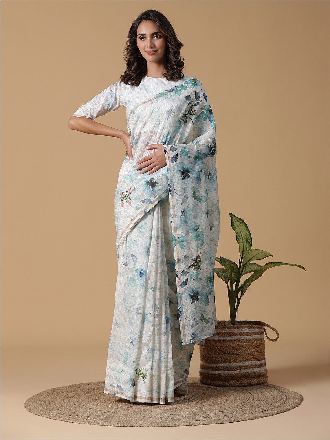 

SHINGORA Floral Printed Zari Chanderi Saree, Blue