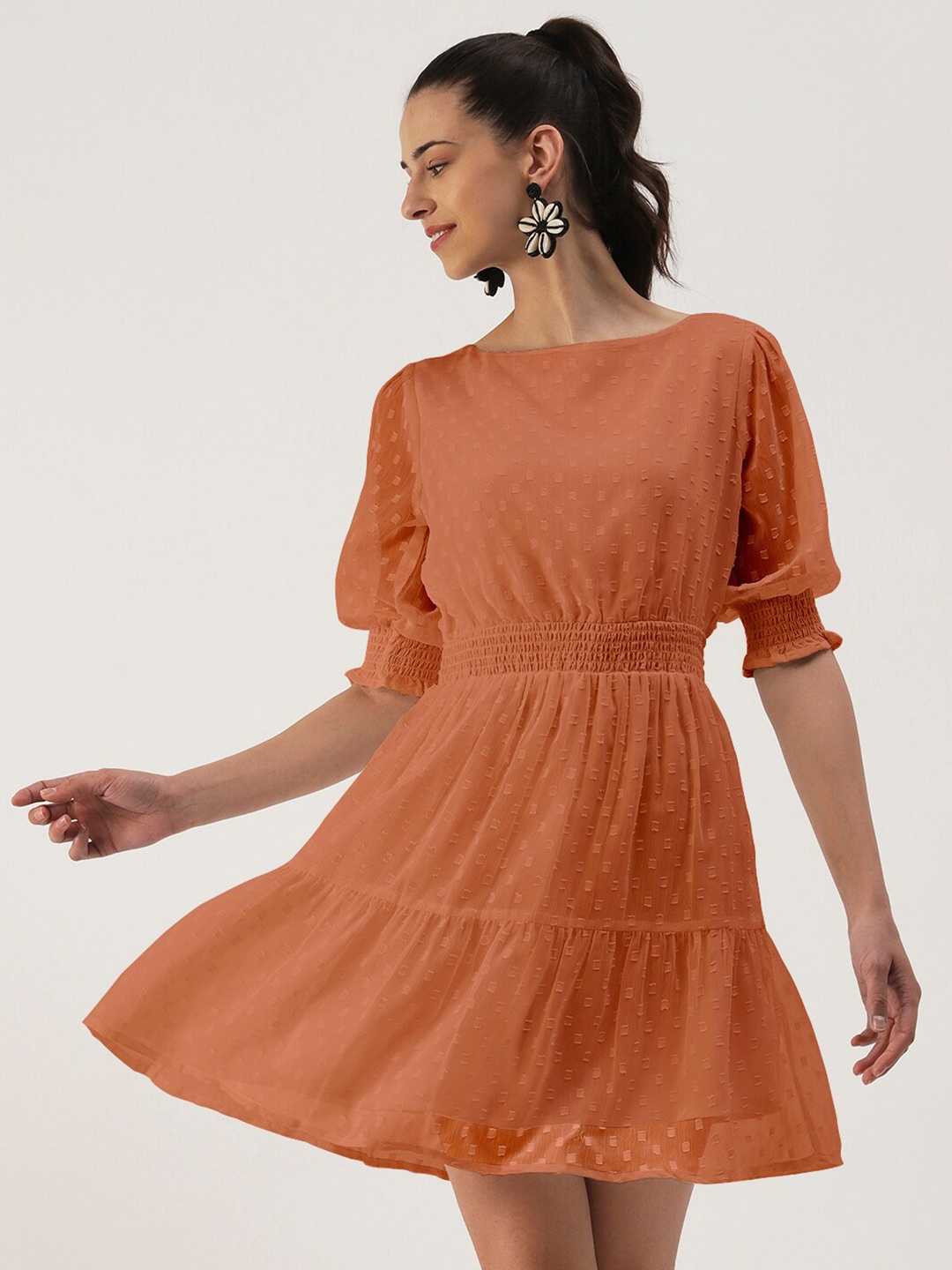 DressBerry Boat Neck Self Design Fit & Flare Dress, Brown
