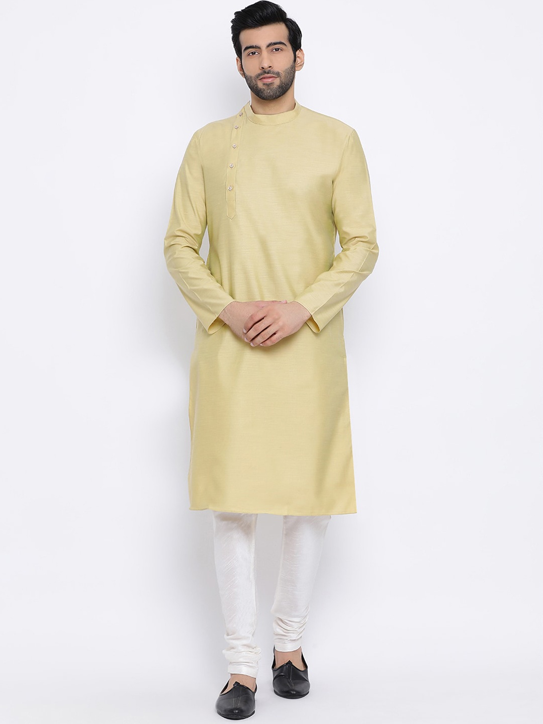 

NAMASKAR Men Band Collar Silk Kurta, Beige