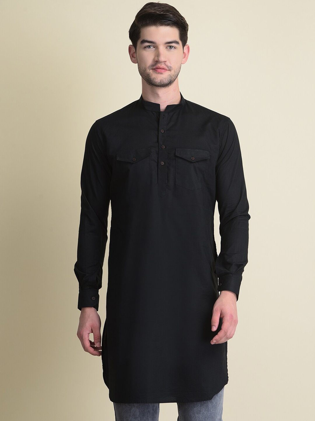 

NAMASKAR Men Cuffed Sleeve Cotton Kurta, Black