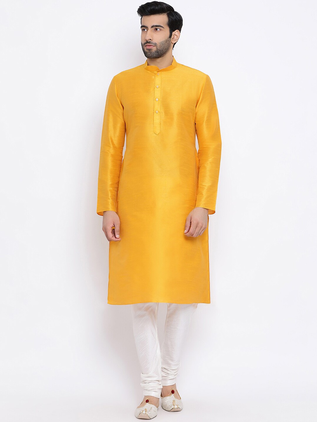 

NAMASKAR Men Mandarin Collar Straight Kurta, Yellow