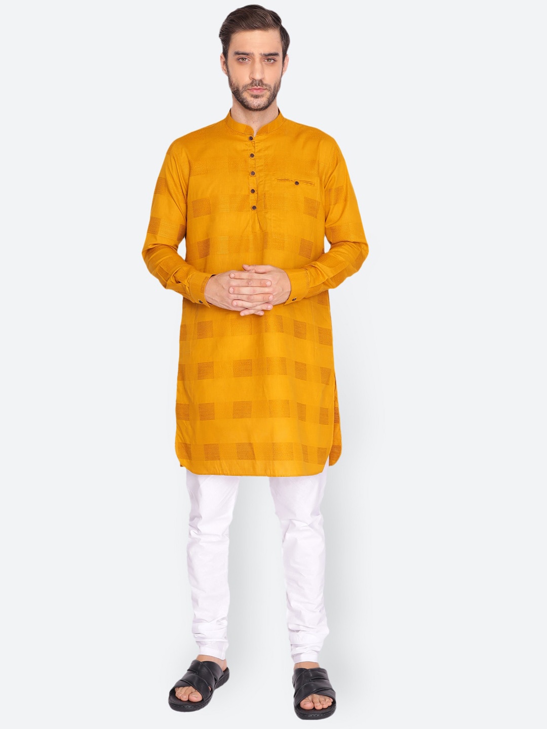 

NAMASKAR Men Woven Design Thread Work Cotton Kurta, Mustard