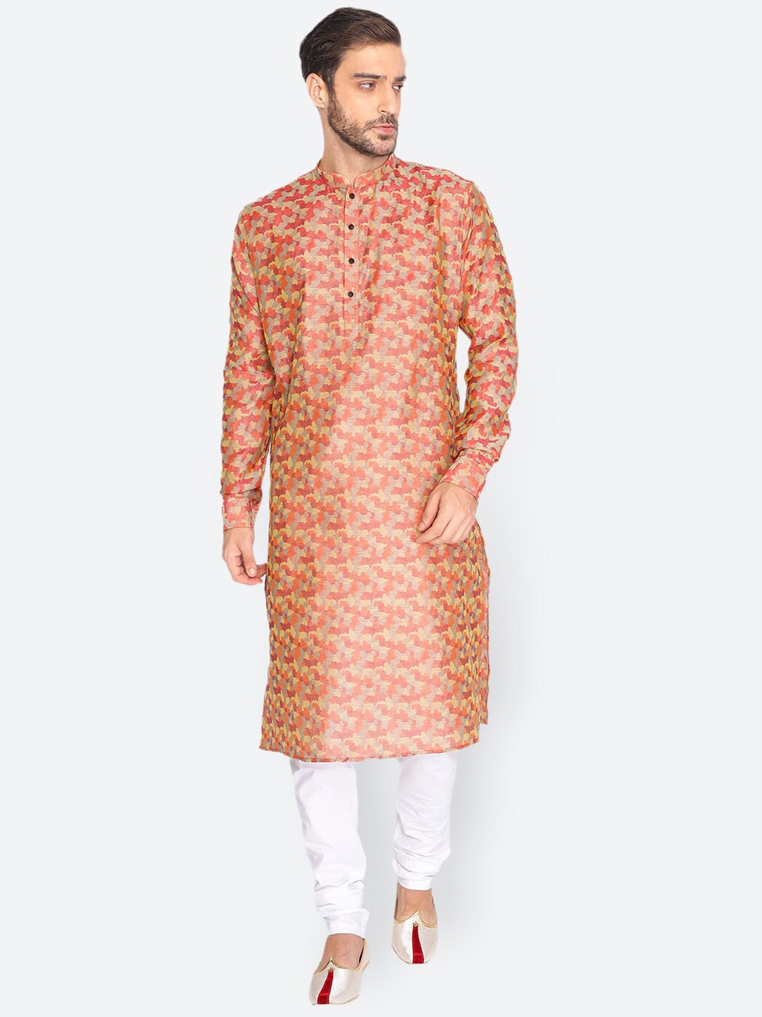 

NAMASKAR Men Abstract Printed Mandarin Collar Kurta, Peach