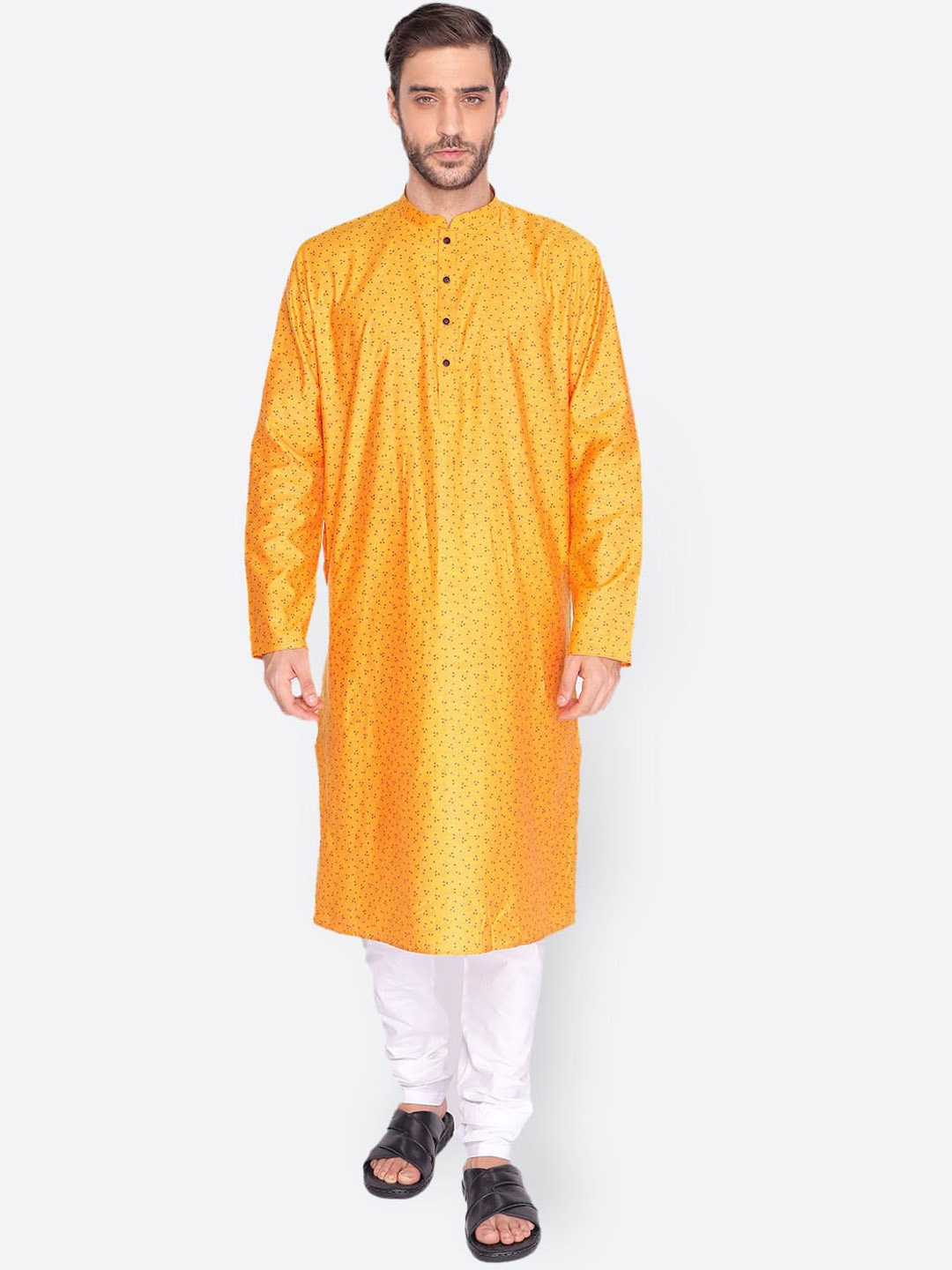 

NAMASKAR Men Mandarin Collar Printed Kurta, Yellow