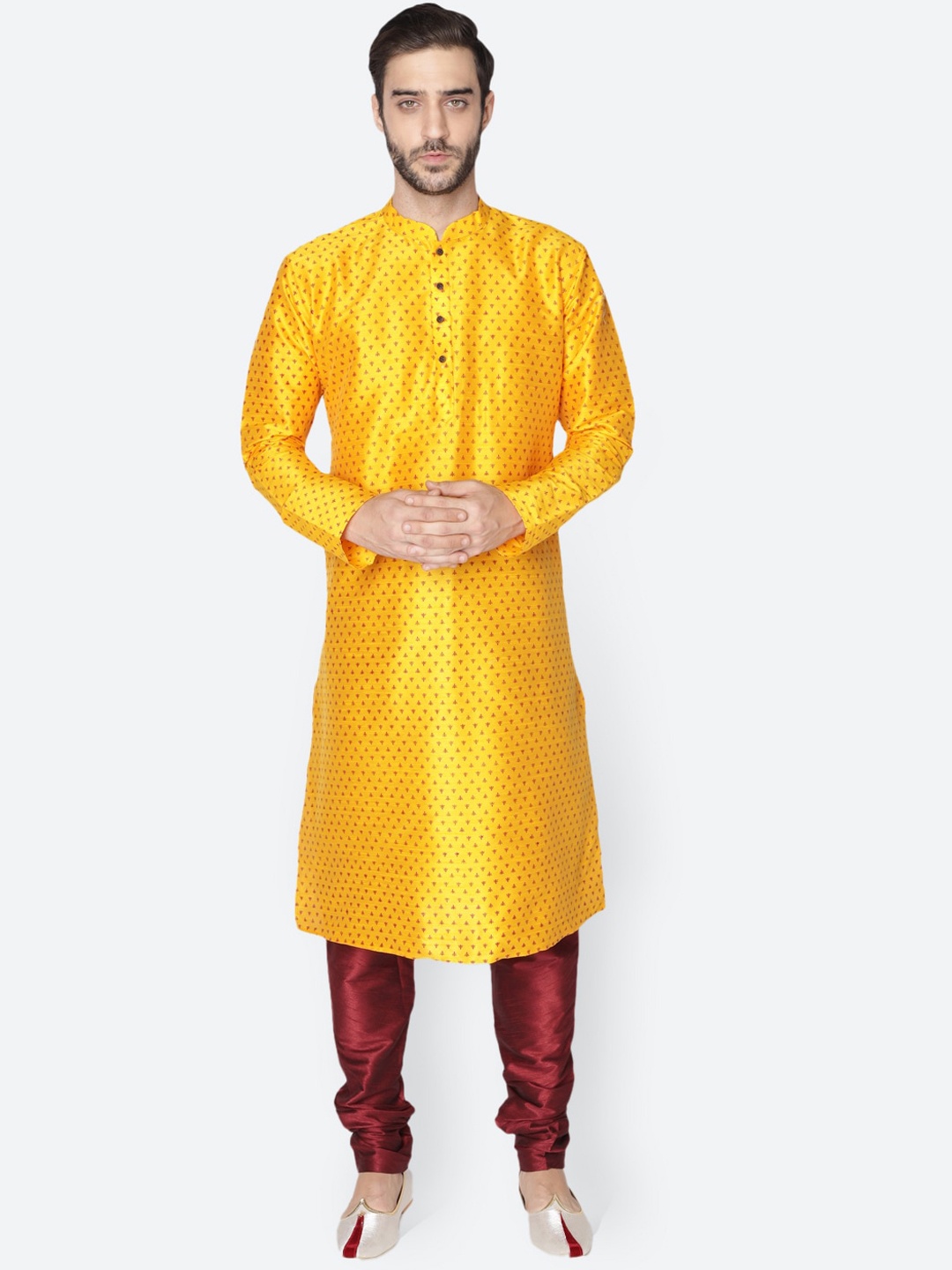 

NAMASKAR Men Ethnic Motifs Printed Mandarin Collar Dupion Silk Kurta, Yellow