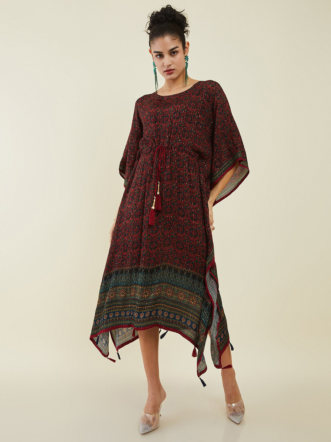 

Soch Ethnic Motifs Printed Kaftan Midi Dress, Black