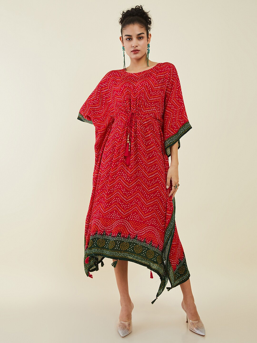 

Soch Ethnic Motifs Printed Kaftan Midi Dress, Red